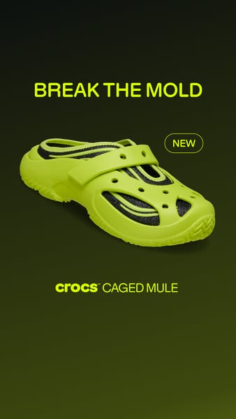 This image ad showcases a new Crocs Caged Mule shoe. The ad features a bright yellow shoe against a dark background with