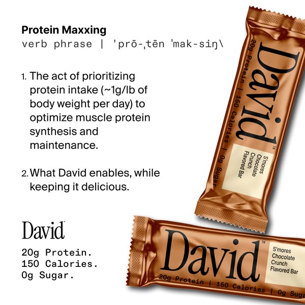 This ad defines the term "Protein Maxxing" and then shows the David protein bar as a way to achieve this.