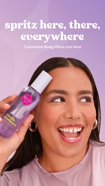 This ad features a woman holding a bottle of eos Vanilla Cashmere body mist with copy that highlights the product's 