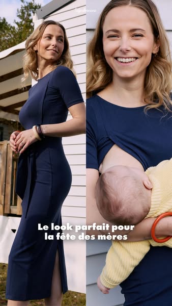 This ad uses a split-screen format to show the same woman wearing a nursing dress. On the left, she is shown standing ou
