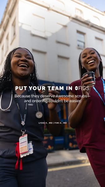 This image ad for OFIGS features two medical professionals wearing the brand's scrubs. The ad emphasizes the comfort