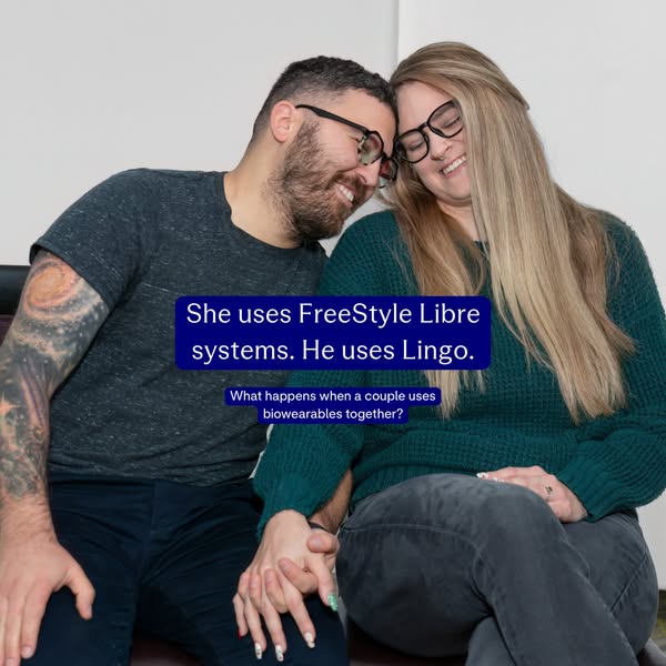 This image ad features a couple, one using FreeStyle Libre systems and the other using Lingo, prompting curiosity about 
