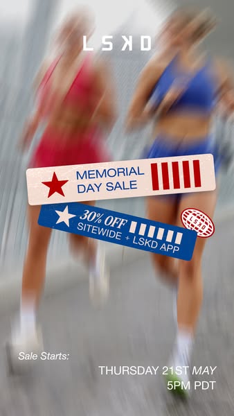 This image ad for LSKD promotes a 30% off Memorial Day sale for both the website and LSKD app. The background features t