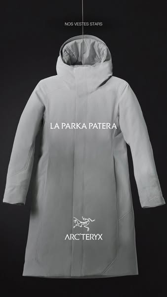 This ad showcases the Arc'teryx Patera Parka, highlighting its sleek design and brand identity. The ad features a cl