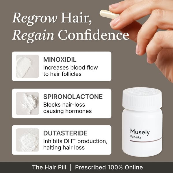 This ad promotes Musely's hair pill, which is prescribed 100% online. The ad highlights the ingredients in the hair 