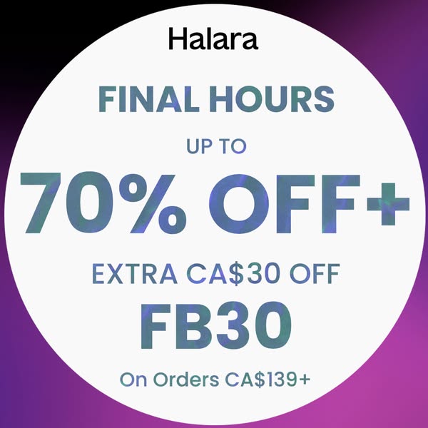 This image ad for Halara promotes a limited-time offer of up to 70% off, plus an extra CA$30 off with the code FB30 on o