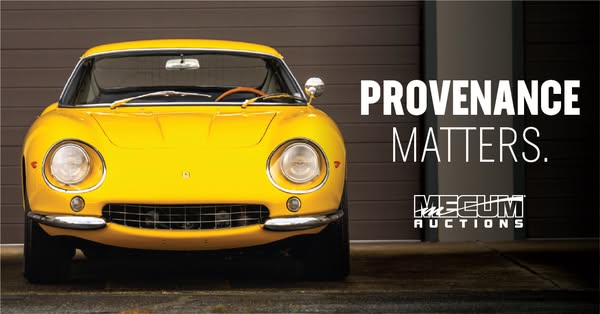 This image ad for Mecum Auctions showcases a bright yellow classic car. The headline emphasizes the importance of proven