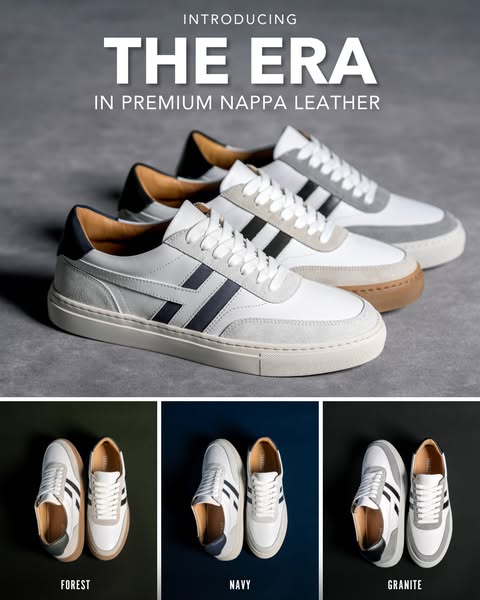 This image ad showcases a line of sneakers in premium nappa leather. It highlights the product's material, design, a
