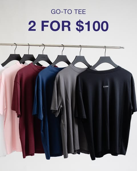 This image ad showcases several colors of LSXD brand tee-shirts and provides an offer of 2 for $100.