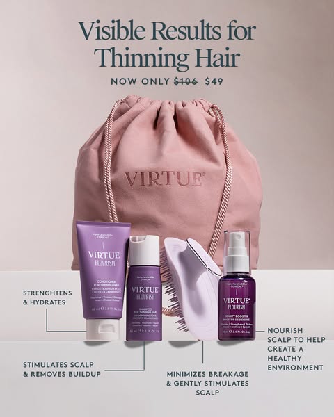 This ad promotes Virtue Flourish products, highlighting a limited-time offer on a set designed to combat thinning hair. 