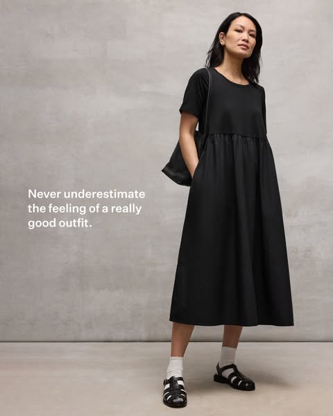 An ad featuring a woman wearing a black dress and the message: "Never underestimate the feeling of a really good ou