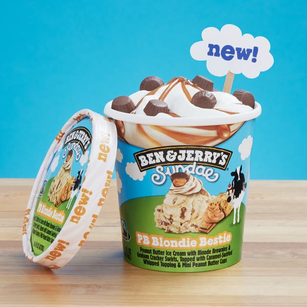This ad features a pint of Ben & Jerry's ice cream and its lid, with a cloud-shaped sign that reads "new!&q