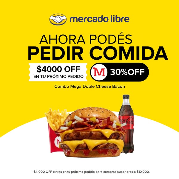 This ad for Mercado Libre promotes food delivery services with a discount offer on a combo meal. The ad features a large
