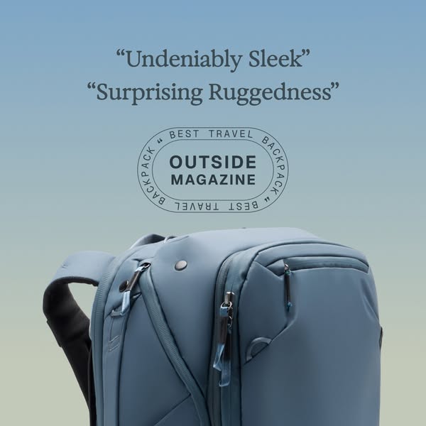 This ad features a close-up shot of a blue backpack, accompanied by two pull quotes and a badge highlighting that the ba