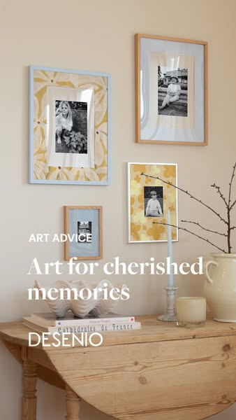 This ad showcases art prints and frames from Desenio, displayed in a curated home setting. It aims to inspire viewers to