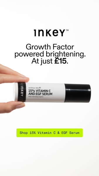 This image ad features the Inkey List 15% Vitamin C and EGF Serum, emphasizing its brightening and growth factor propert