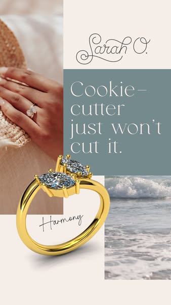 This ad is for Sarah O. Jewelry. It features a golden ring with two gems on the top portion of the ring. The messaging i
