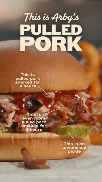 This image ad showcases Arby's Pulled Pork sandwich and calls out the preparation behind some of the ingredients.