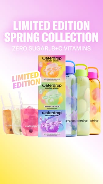 This image ad promotes Waterdrop's limited edition spring collection. It showcases the product packaging, available 