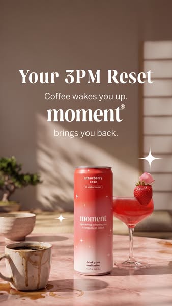 This ad features a can of Moment drink as a midday reset for when coffee wakes you up. The can sits on a marble table ne