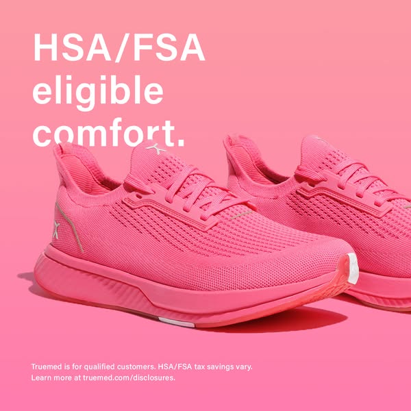 This image ad showcases a pair of comfort sneakers in a monochromatic pink color scheme to emphasize eligibility for HSA