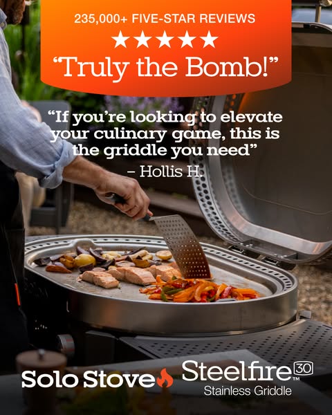 This ad for the Solo Stove SteelFire 30 presents customer testimonial in the headline and body of the ad to show the ben