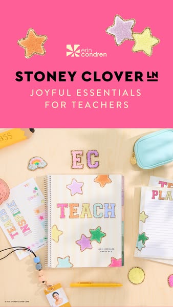 This image ad features a flatlay of products from Erin Condren and Stoney Clover Lane, promoting "Joyful Essentials