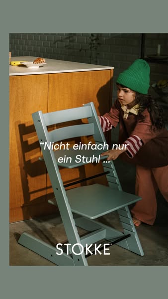This ad features a Stokke Tripp Trapp high chair with a young child standing next to it. The ad uses a quote to suggest 