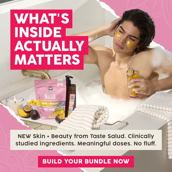 An image ad featuring a man relaxing in a bathtub with Taste Salud products. The ad promotes the idea that what's in