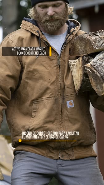 This ad highlights the features of the Carhartt Active Jac insulated washed duck jacket, emphasizing its durability and 