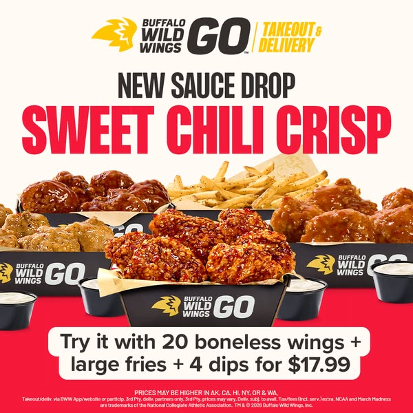 This ad for Buffalo Wild Wings promotes a new Sweet Chili Crisp sauce. It features various offerings from Buffalo Wild W