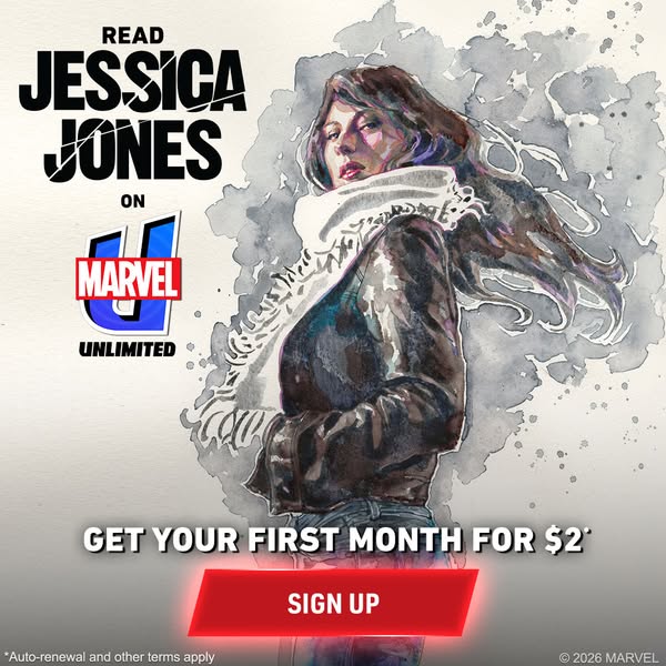 This image ad promotes the Jessica Jones comic book series on Marvel Unlimited. It features an illustration of Jessica J