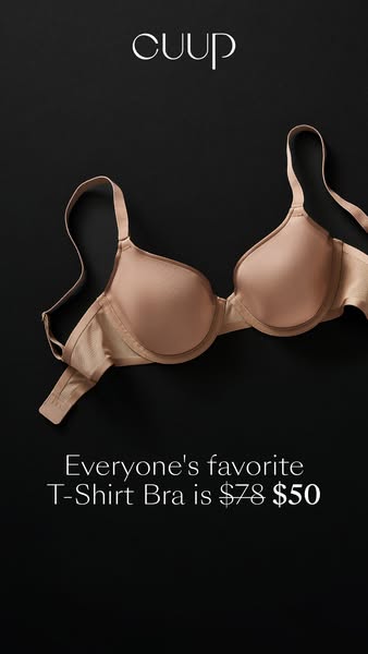 This image ad for Cuup promotes their T-Shirt Bra, highlighting its popularity and reduced price.