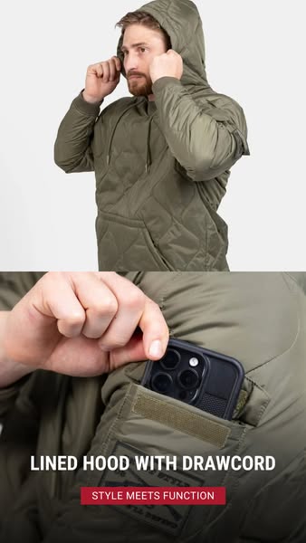 This ad showcases a hooded quilted jacket. The ad highlights the jacket's features and style.