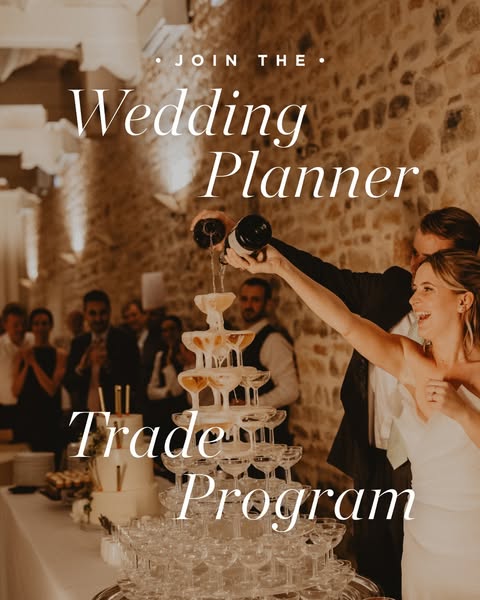 This image ad is for a wedding planner trade program. It features a couple pouring champagne into a champagne tower at t