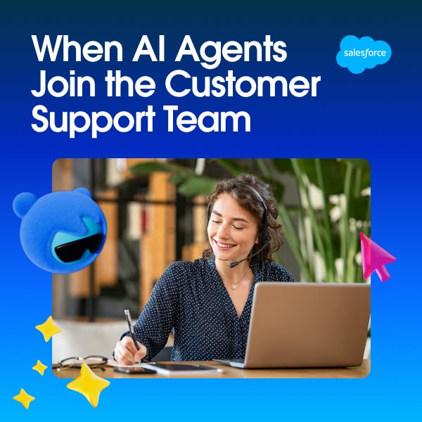 This image ad promotes Salesforce's AI agents for customer support teams. It features a woman working at a laptop, a