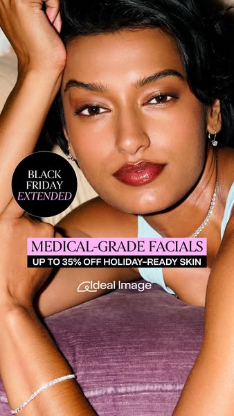 This image ad for Ideal Image promotes medical-grade facials with a discount of up to 35% off for holiday-ready skin. Th