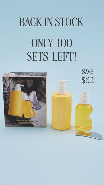 This image ad showcases the Bangn Body Tropical Glow Firming Kit, emphasizing its back-in-stock status and limited avail