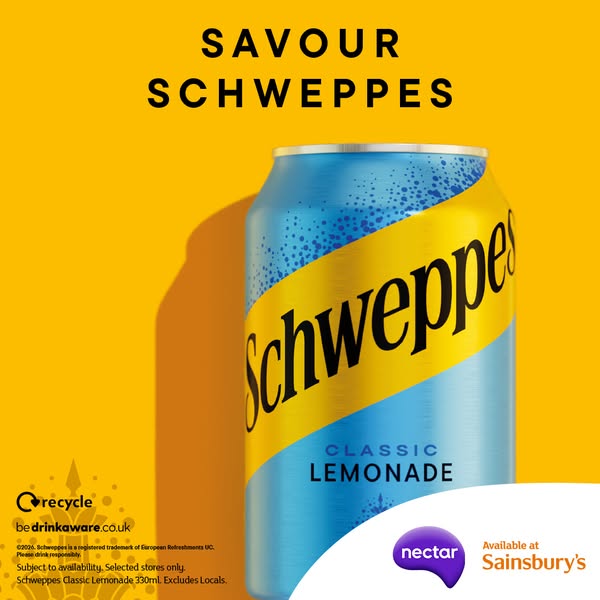 This ad for Schweppes Classic Lemonade showcases the refreshing beverage in a visually appealing way. It highlights the 