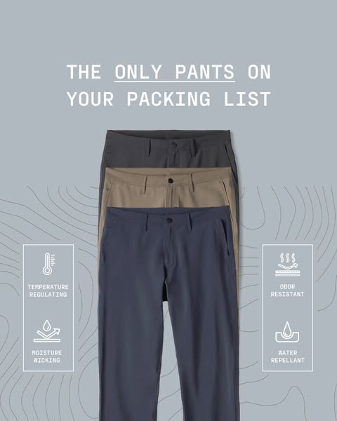 This ad showcases a stack of three pairs of pants in different colors, highlighting their key features such as temperatu