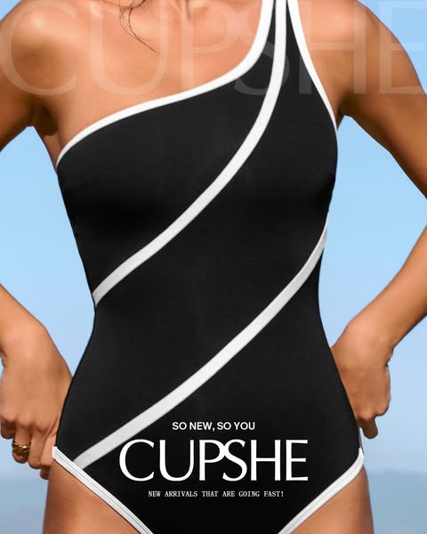 This image ad showcases a woman modeling a black and white one-shoulder swimsuit by Cupshe. The ad copy highlights the b