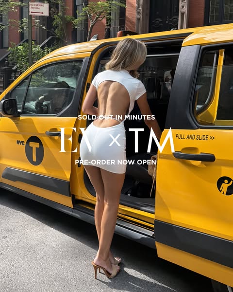 This ad promotes a white dress from the brand EX Swim, emphasizing its popularity with the text 'SOLD OUT IN MINUTES