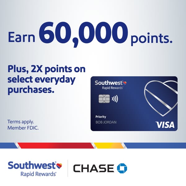 This image ad promotes the Southwest Rapid Rewards credit card, highlighting an opportunity to earn 60,000 points and do