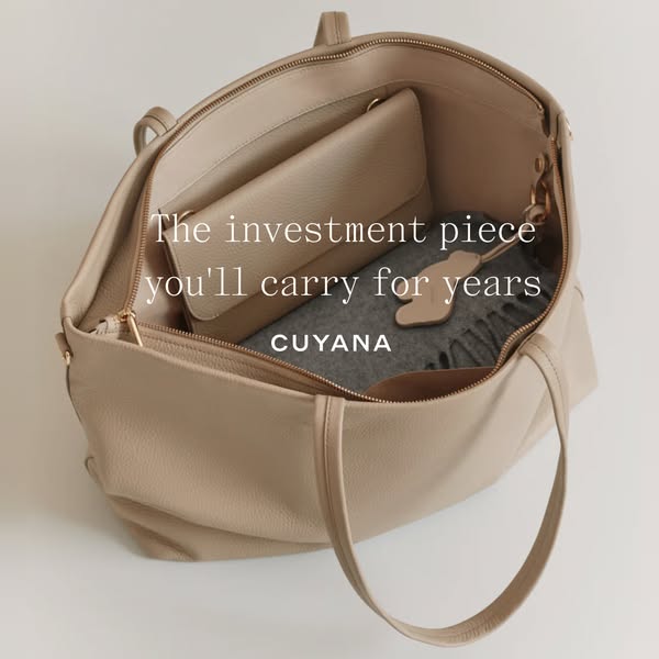 This ad showcases a Cuyana tote bag as a versatile, long-lasting investment piece. The image focuses on the bag's in
