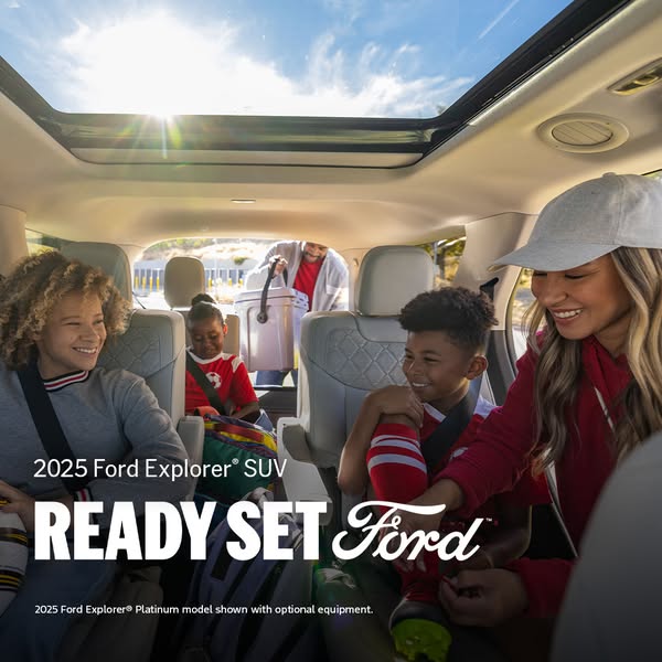 This ad showcases a family inside a 2025 Ford Explorer SUV. The ad is focused on positioning the vehicle as family-frien