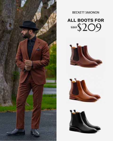 This image ad for Beckett Simonon features a man in a suit next to three different pairs of boots with an offer of all b