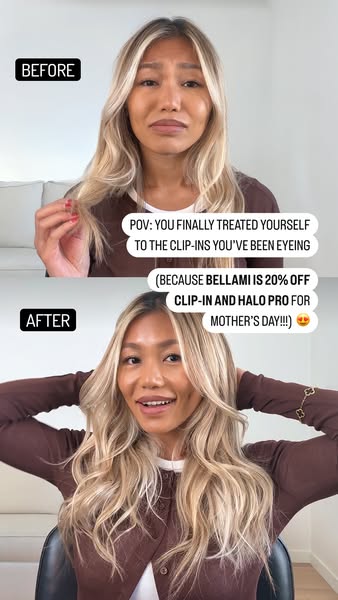This ad demonstrates the effect of hair extensions from Bellami using a before/after format. The model in the ad appears