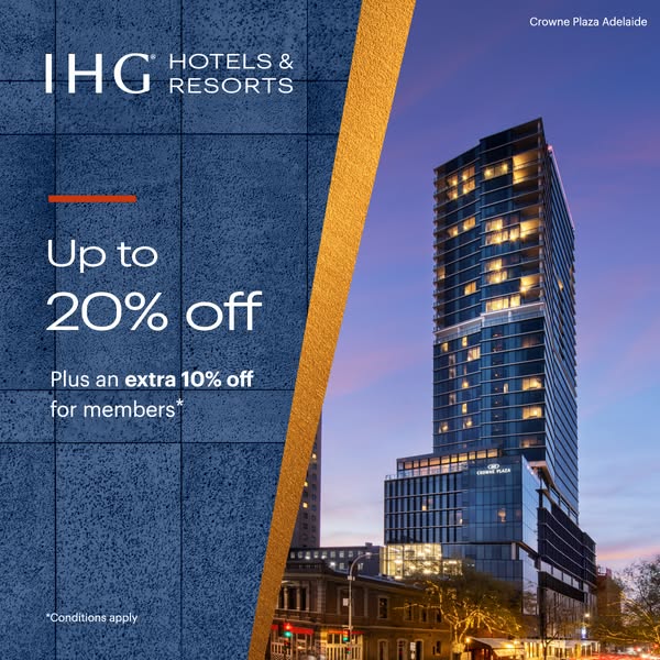 A simple image ad for IHG Hotels & Resorts, specifically the Crowne Plaza Adelaide, promoting a discount of up to 20