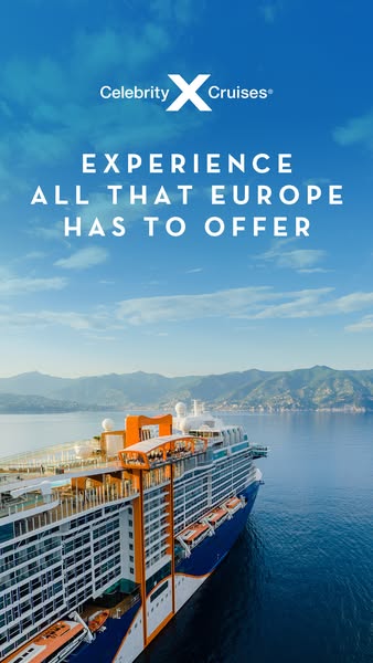 This image ad for Celebrity Cruises showcases a cruise ship sailing on the ocean with a clear blue sky and mountains in 