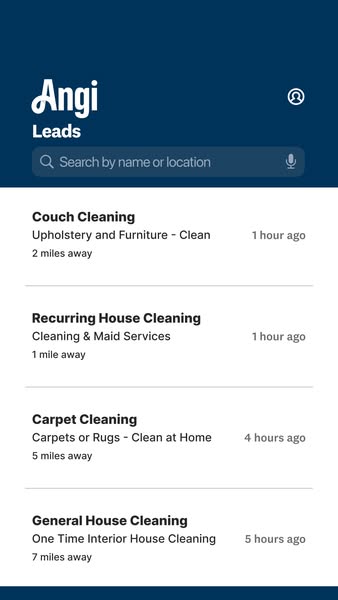 This ad features a screenshot of the Angi Leads mobile app, displaying various cleaning service listings such as couch c